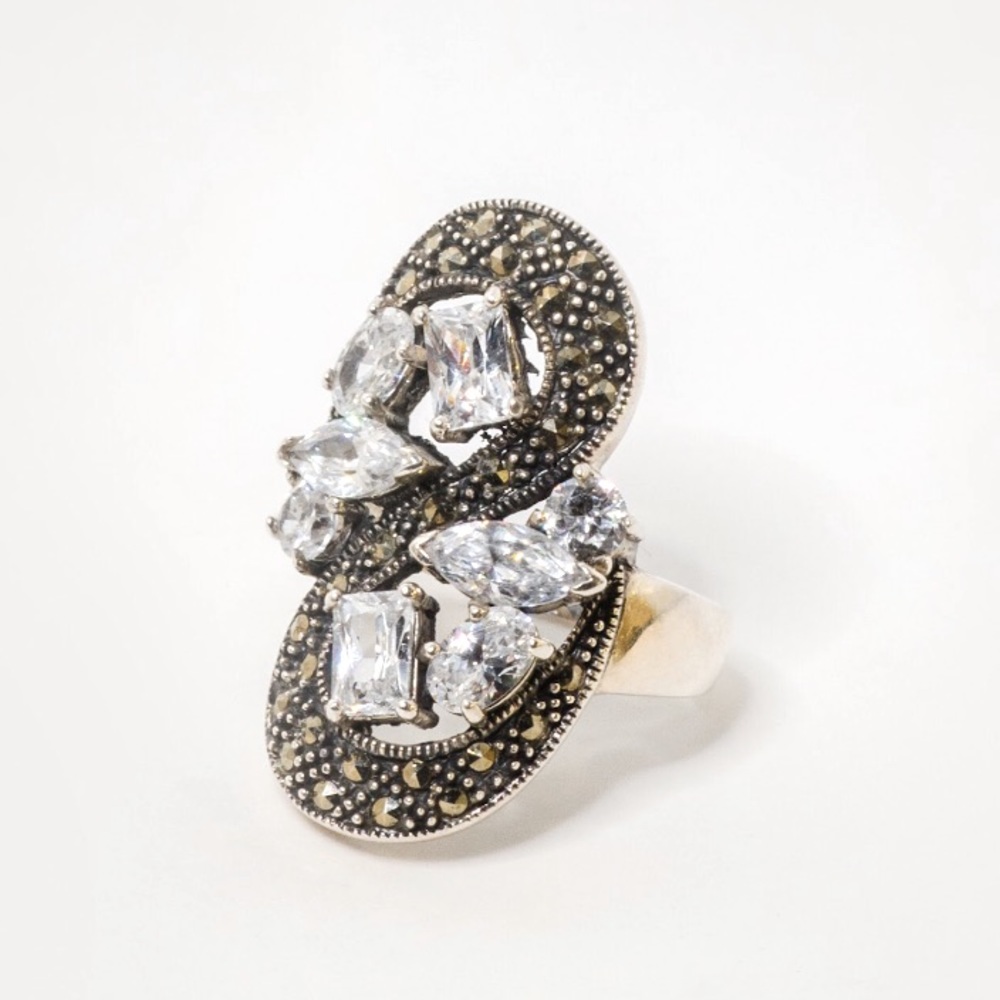 CFJ Vintage Sterling Silver 925 Marcasite & CZ 'S' Style Ring - Size 8
